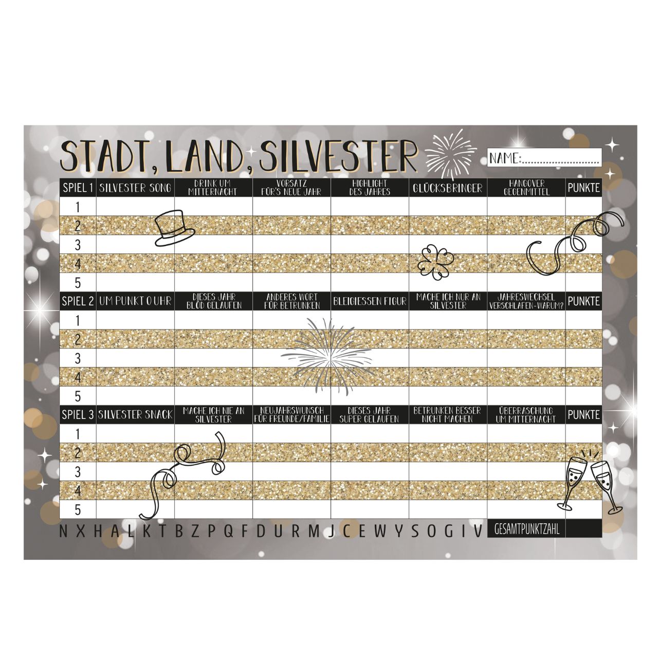 Silvester-Plan, Planerboard, Goldglitzer, Punktekarte, Feierdekor