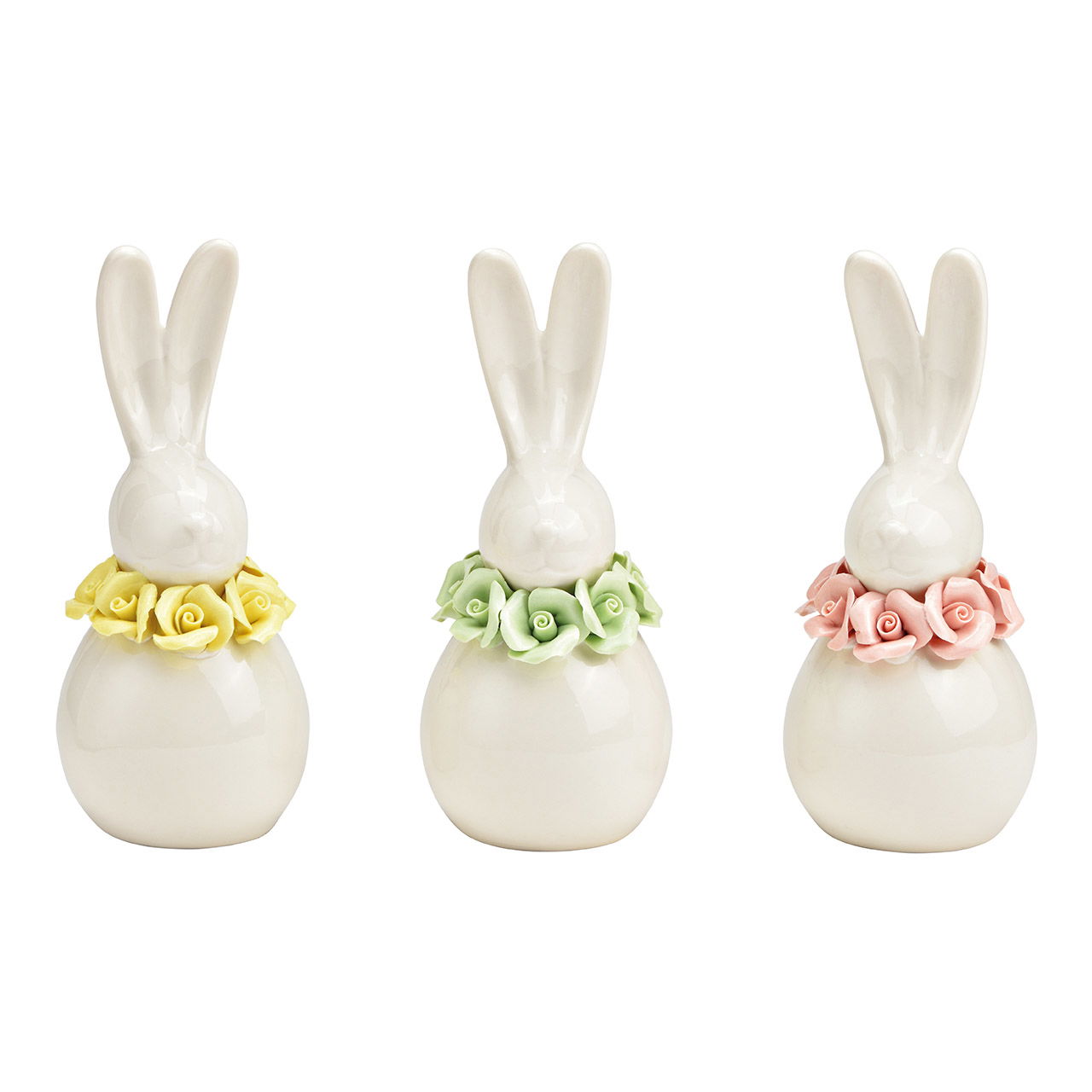 Hase mit Blumenkranz aus Porzellan weiß 3-fach, (B/H/T) 8x17x7cm Hase mit Blumenkranz aus Porzellan weiß 3-fach, (B/H/T) 8x17x7cm