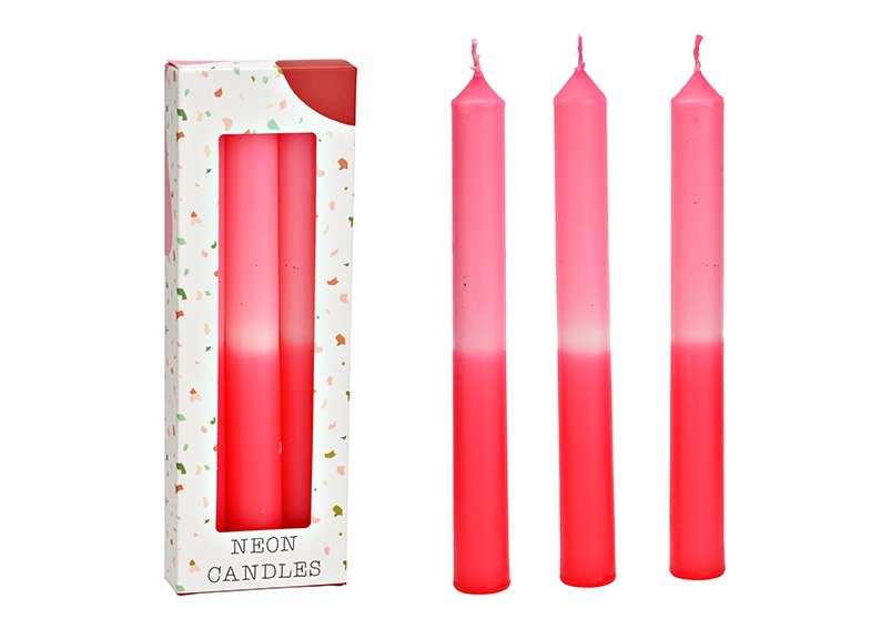 Bougie bâton avec dégradé de couleurs, rose/rouge dans une boîte cadeau, set de 3, (L/H/P) 6x20x2cm