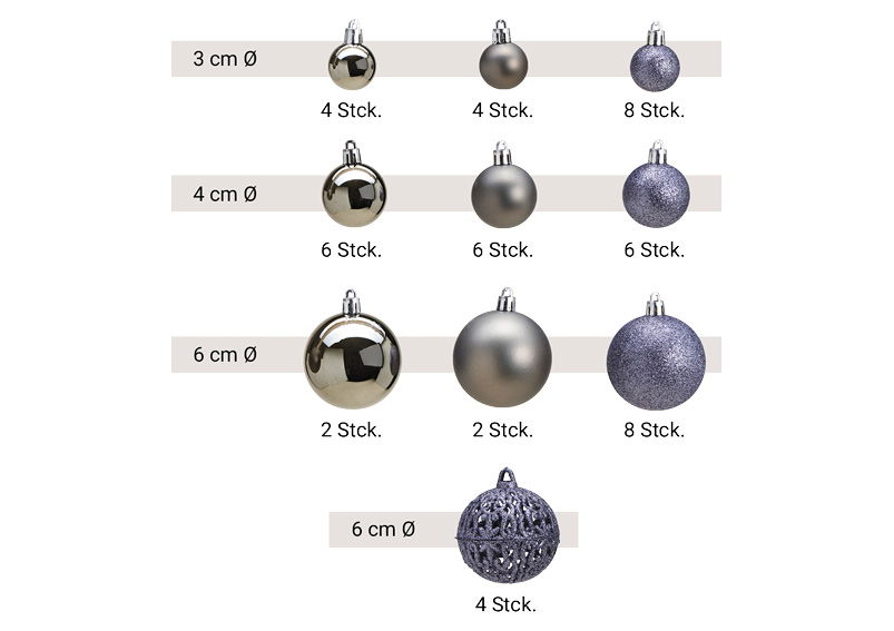 Baubles natalizi in plastica, set di 100, grigio Ø3/4/6cm (L/A/D) 35x23x12cm