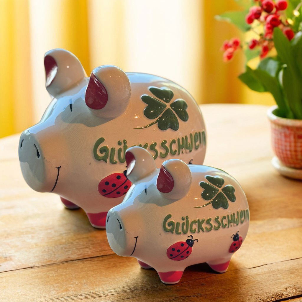 KCG Sparschwein "Glücksschwein" aus Keramik, Rot/Weiß/Grün (B/H/T) 12,5x9x9 cm Kleinschwein Tier, Säugetier, Schwein, Sparschwein