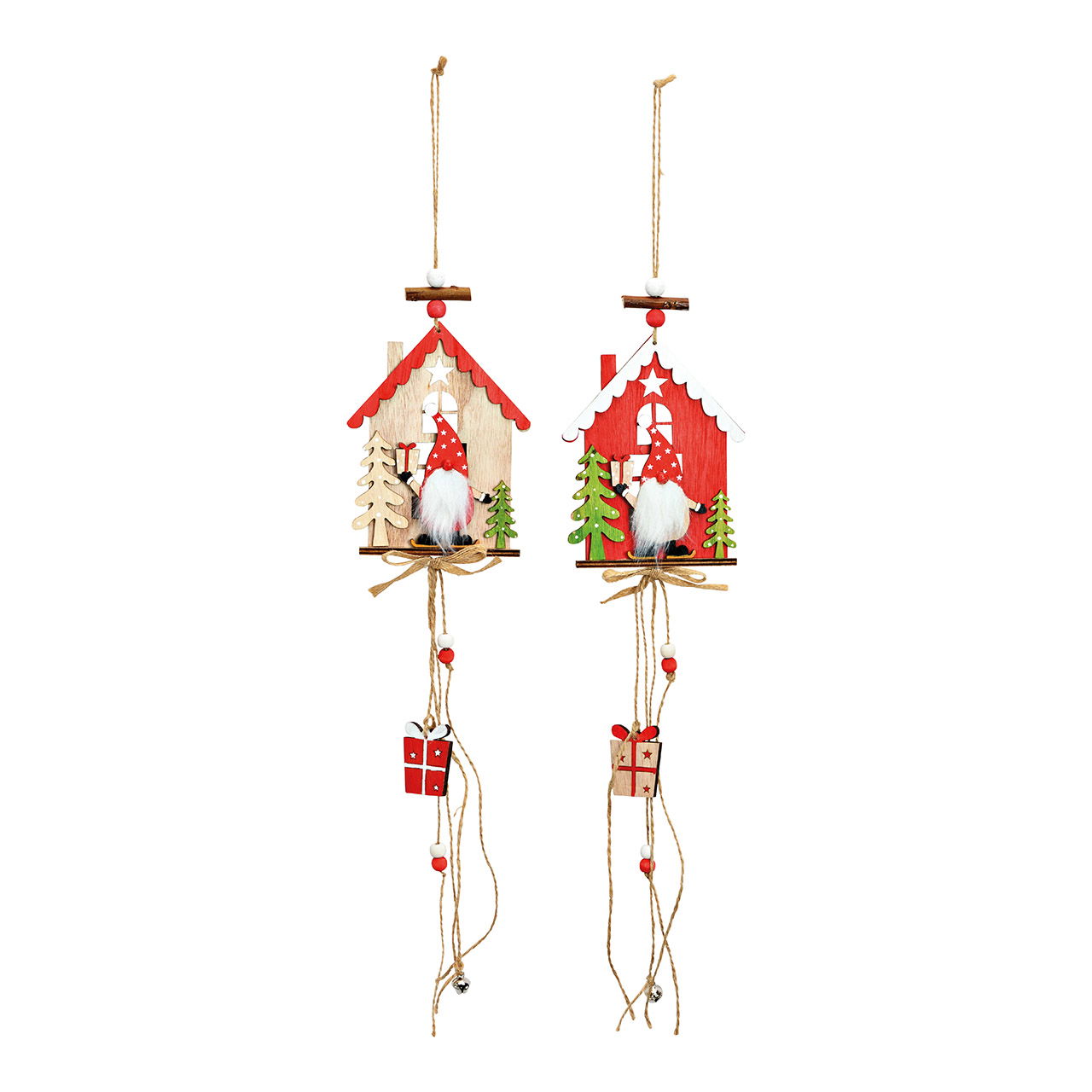 Hänger Haus mit Wichtel Dekor aus Holz rot, natur 2-fach, (B/H/T) 11x48x1cm Hänger Haus mit Wichtel Dekor aus Holz rot, natur 2-fach, (B/H/T) 11x48x1cm