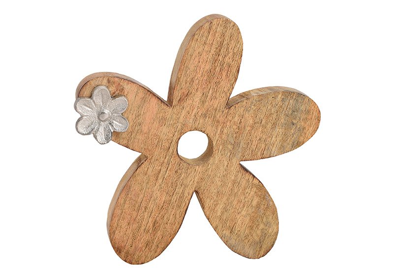 Aufsteller Blume aus Mangoholz, Metall Braun, silber (B/H/T) 21x3x20cm