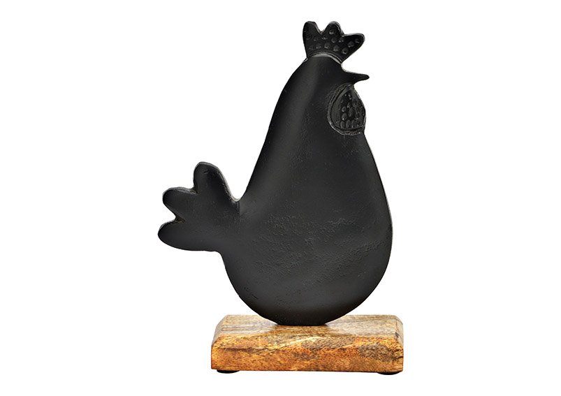 Huhn auf Mangoholz Sockel aus Metall schwarz (B/H/T) 15x22x7cm