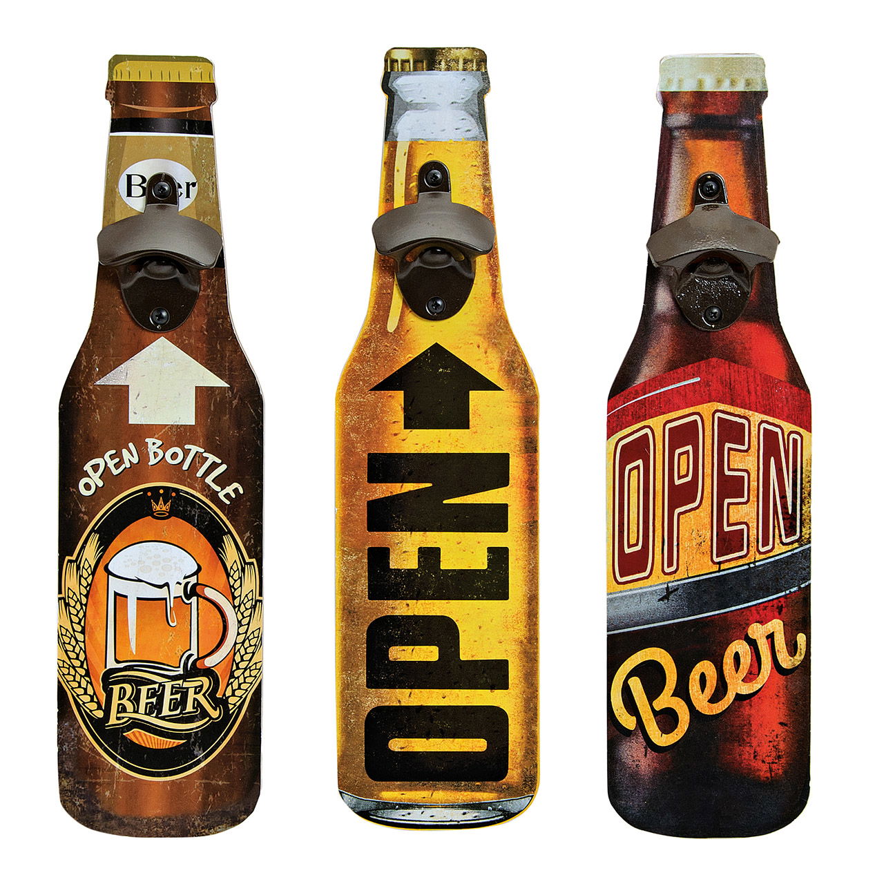 Wall-mounted bottle opener made of wood/metal, 3 assorted, W10 x D40 cm