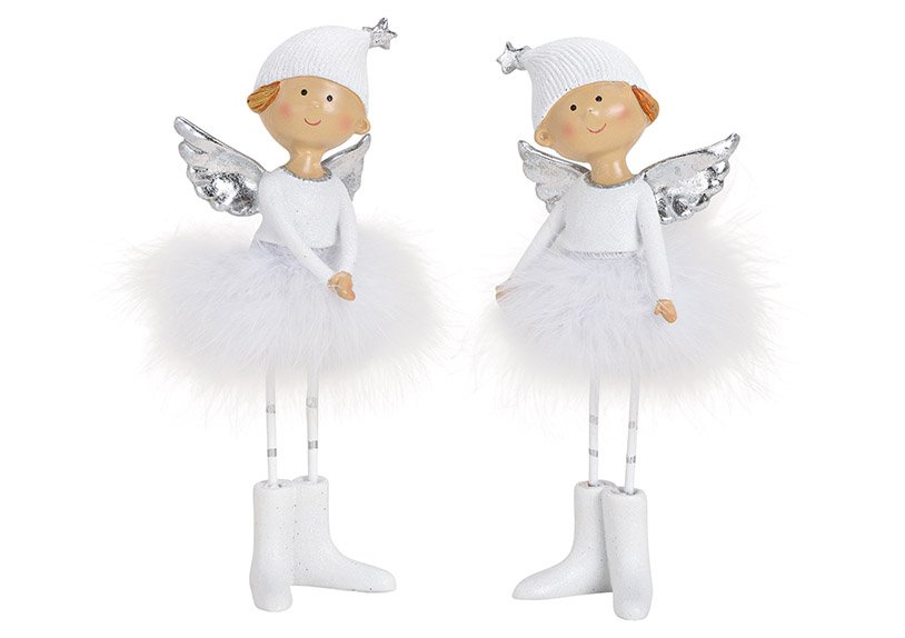 Angel poly feather white silver 2 asst. 9x24x6cm