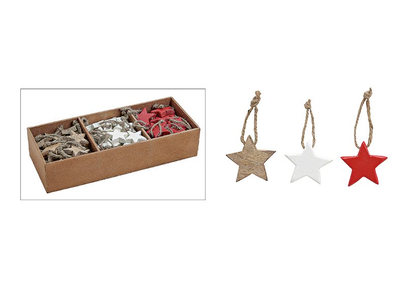 Christmas hanger, star, made of mango wood, red, white, brown, 3 asst. 5x5x1cm