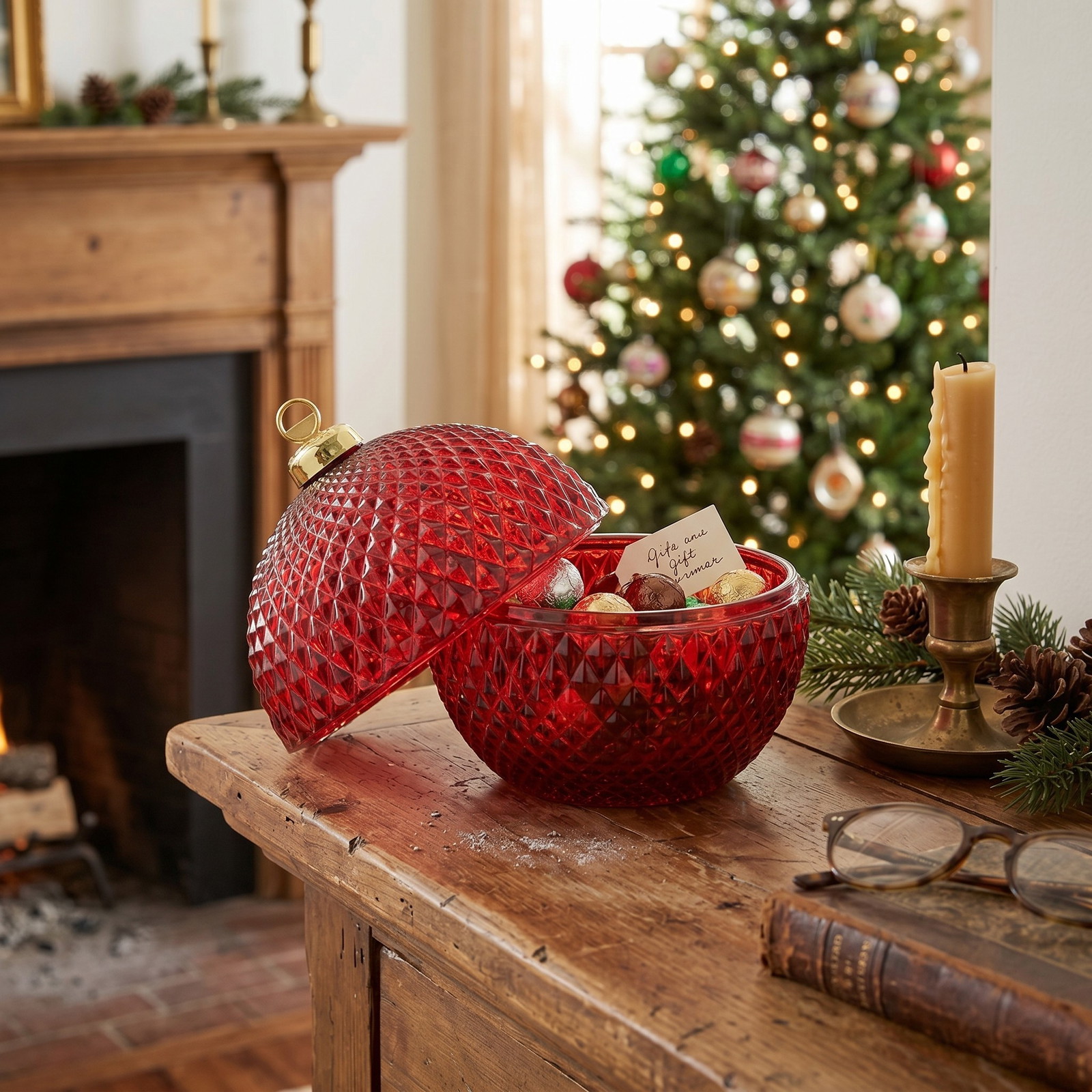 Dose Weihnachtskugel aus Glas, Rot (B/H/T) 13x15x13cm Kugel Ornament, Rot, Kristallmuster, Glänzend, Aufhänger Gold