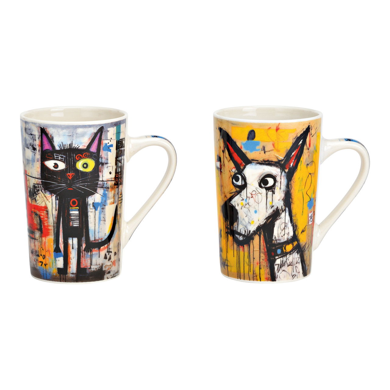 Gobelet peinture chien, chat motif en porcelaine multicolore 2 fois, (L/H/P) 12x12x8cm 385ml