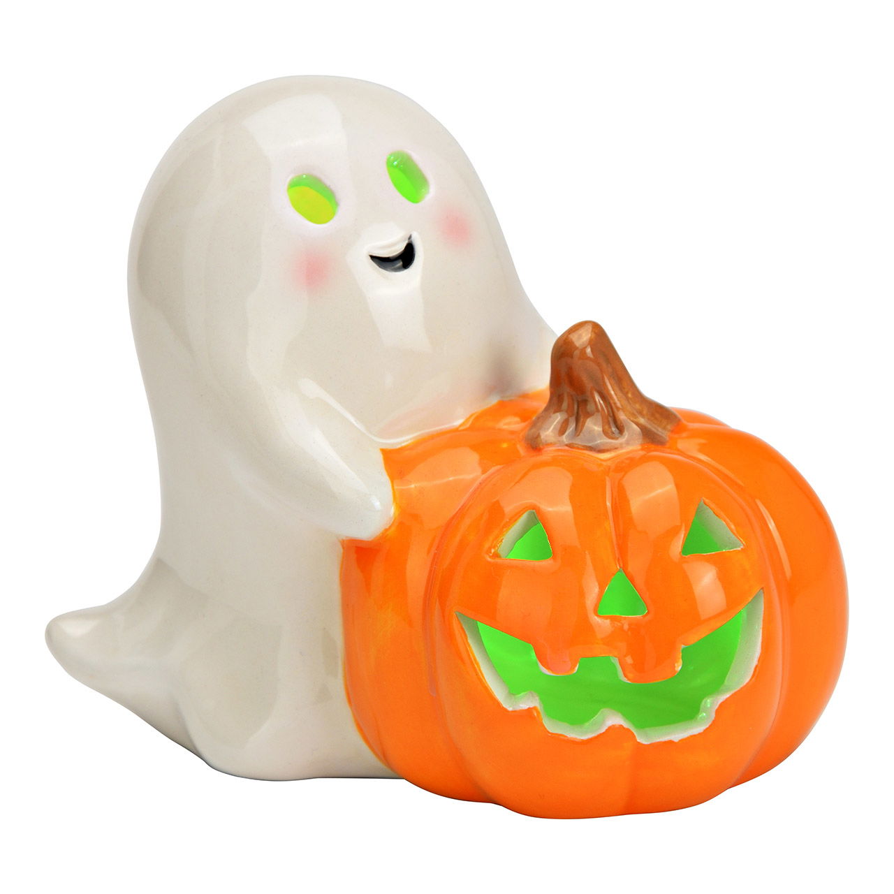 Ghost with LED pumpkin (colorful, excl. 2xLR44) made of ceramic, white/orange (W/H/D) 12x10x7cm