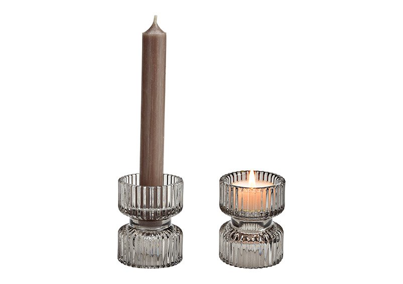 Tea lights, candle holder double function glass Grey (W/H/D) 6x8x6cm