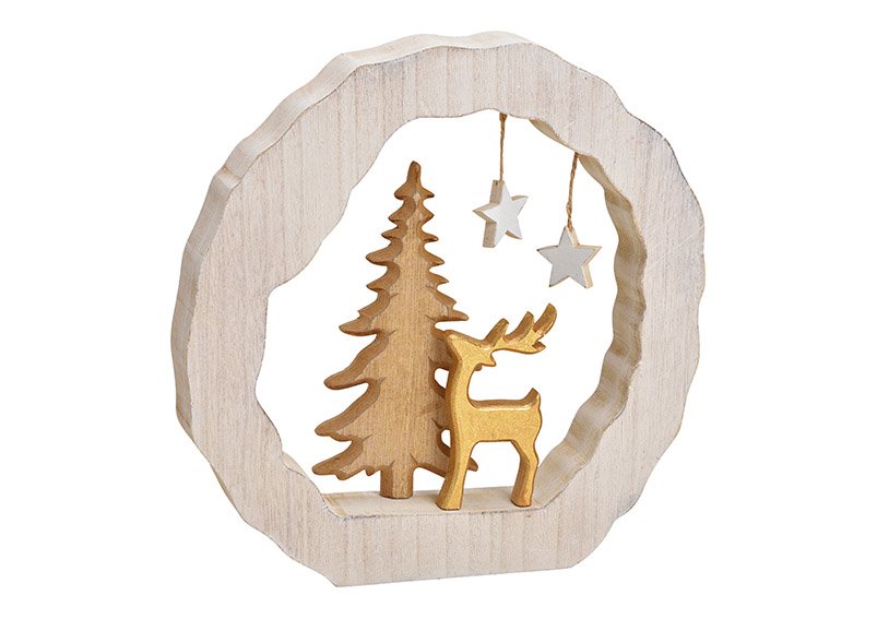 Display deer with tree in a circle of wood nature, gold 28x28x4cm