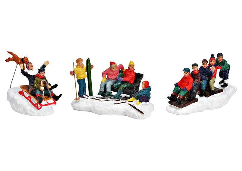 Miniatuurfiguren slee, skichauffeur gemaakt van poly kleurrijk 3-voudig, (B/H/D) 9x6x3cm 10x5x6cm 6x6x4cm