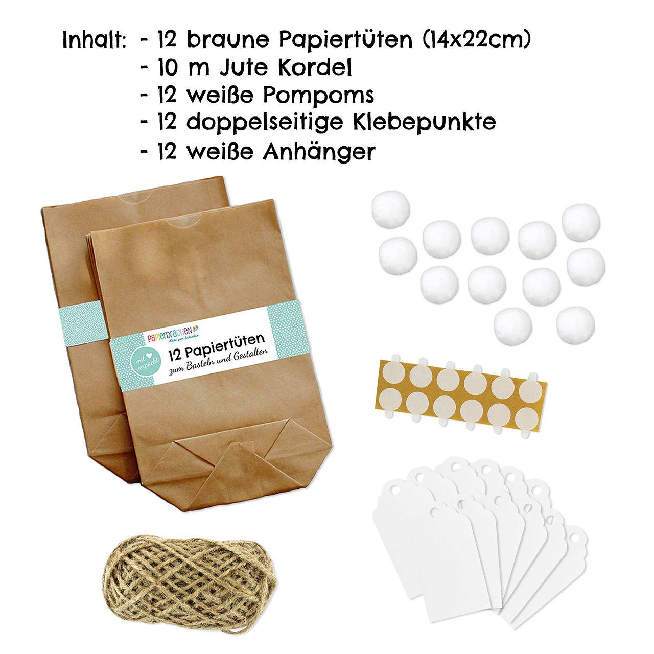Paashaas zakjes met ponpom DIY papier/karton knutselset, set van 12, bruin/wit (B/H/D) 22x14x1cm Kiste, Tasche