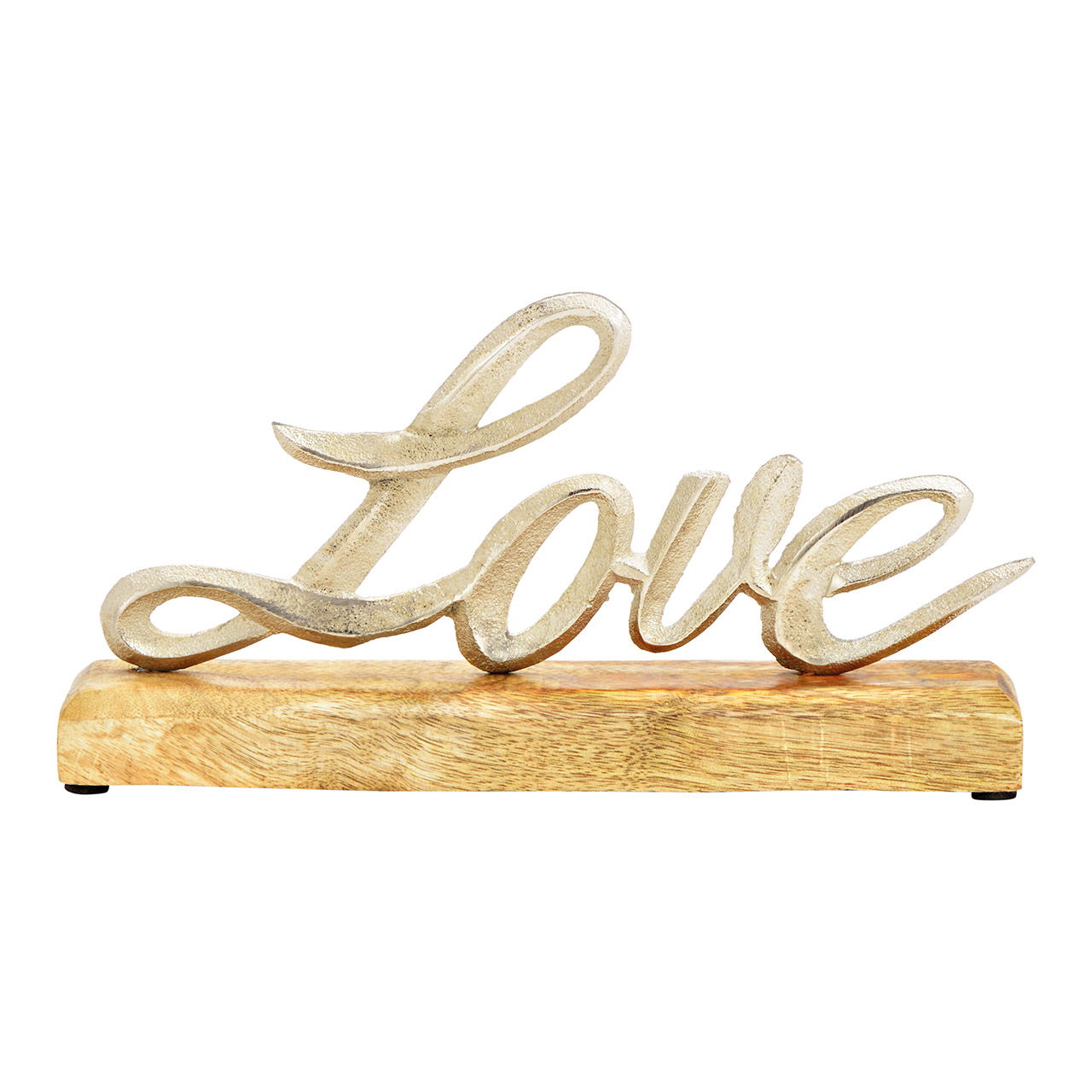 Espositore con scritta Love, su base in legno di mango, in metallo argentato (L/H/D) 25x13x5cm