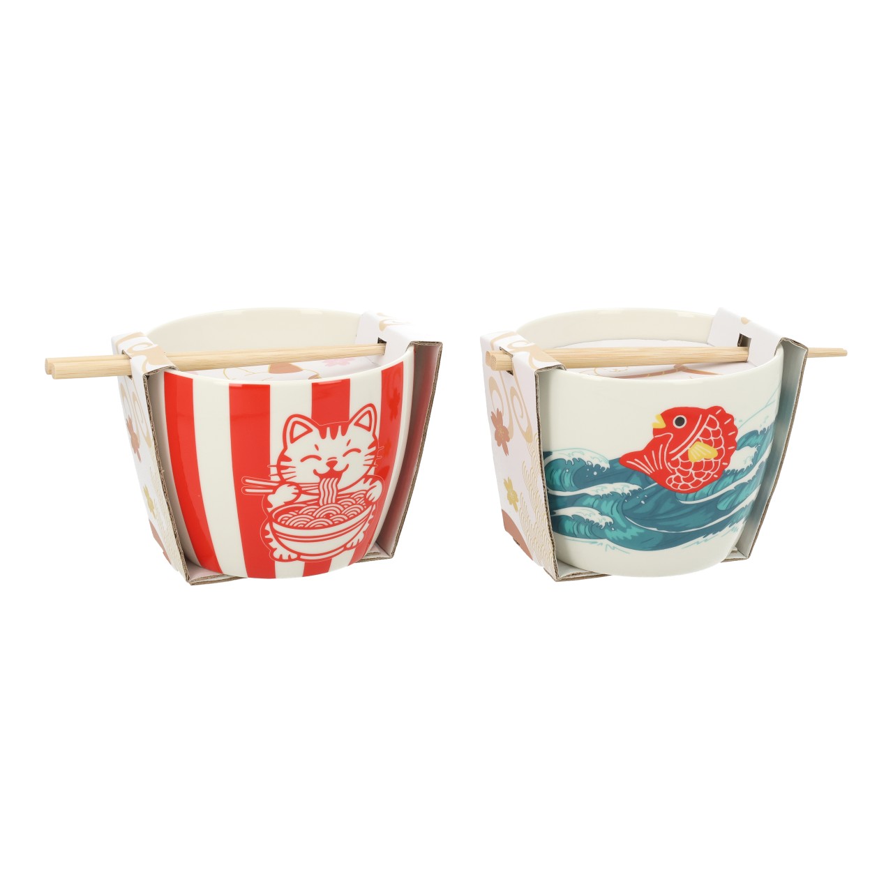 Schüssel mit Stäbchen aus Keramik Rot 2-fach sortiert (B/H/T) 14x10x9cm Ramenbecher, Becher-Set, Japanisch, Katzendesign, Wellenmotiv