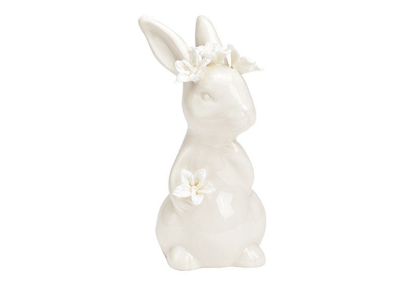 Bunny standing with floral decoration porcelain white (W/H/D) 6x12x6cm