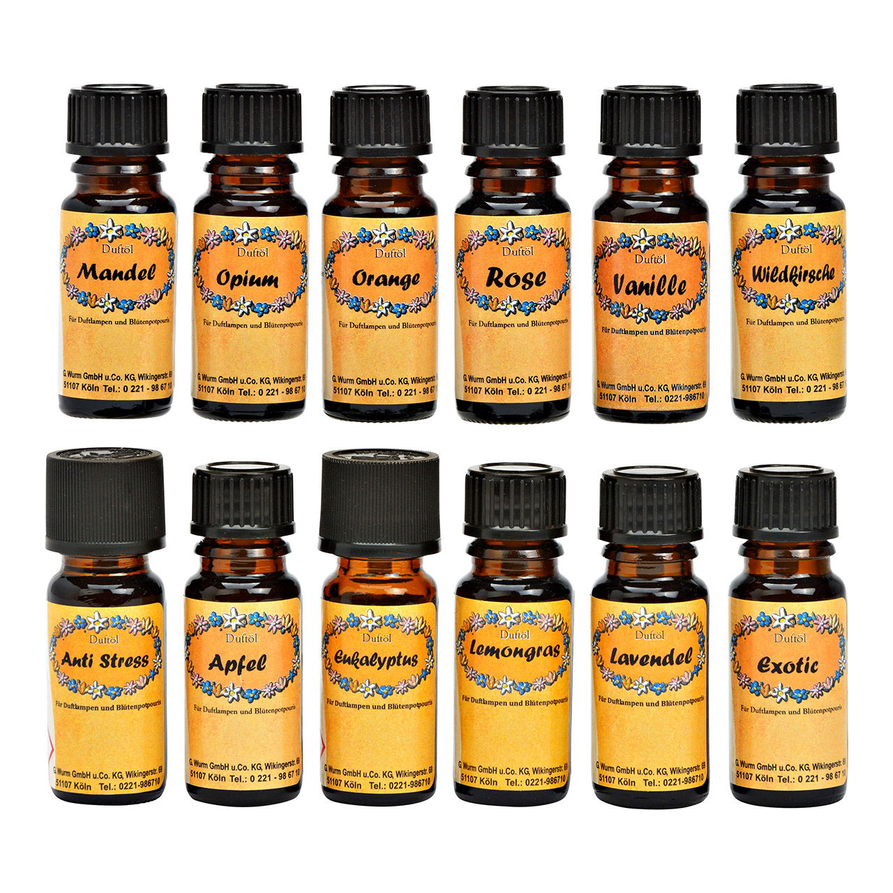 Oli profumati assortimento base I, 12 assortiti, 144 pezzi, 10 ml Kräuterig, Pflanze, Flasche, Kabinett, Mobiliar