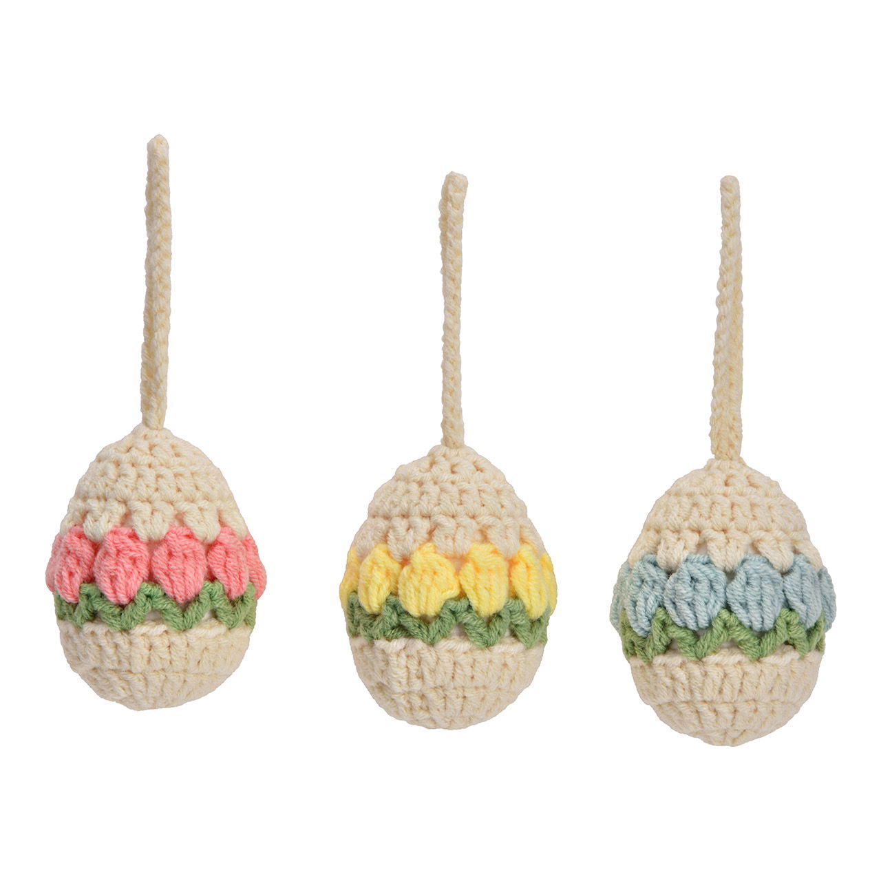 Knitted Easter egg hanger made of textile/plastic, 3-fold, pink/yellow/blue (W/H/D) 5x6x5cm