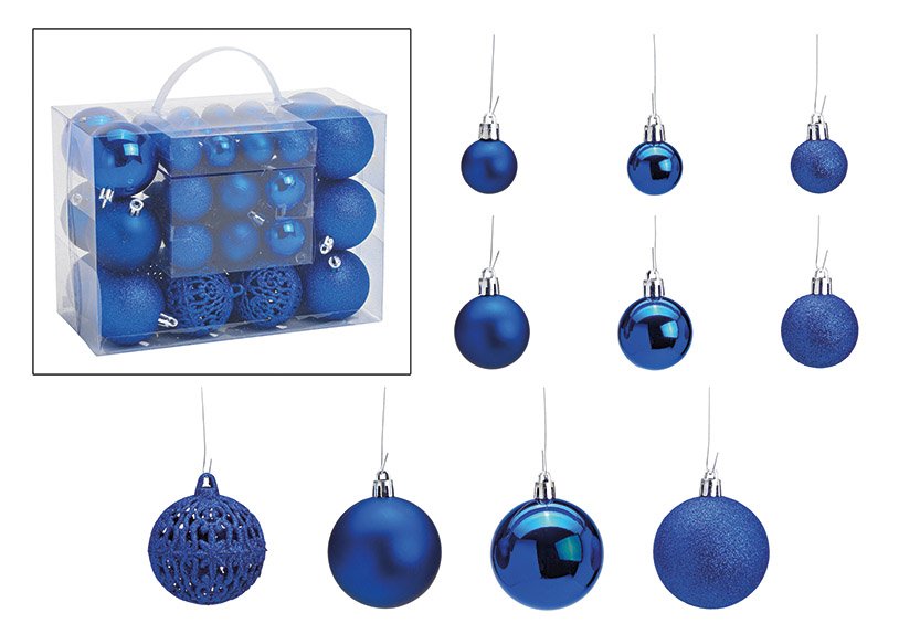 Xmas ball set of 50, plastic,blue,23x18x12cm ø3/4/6cm