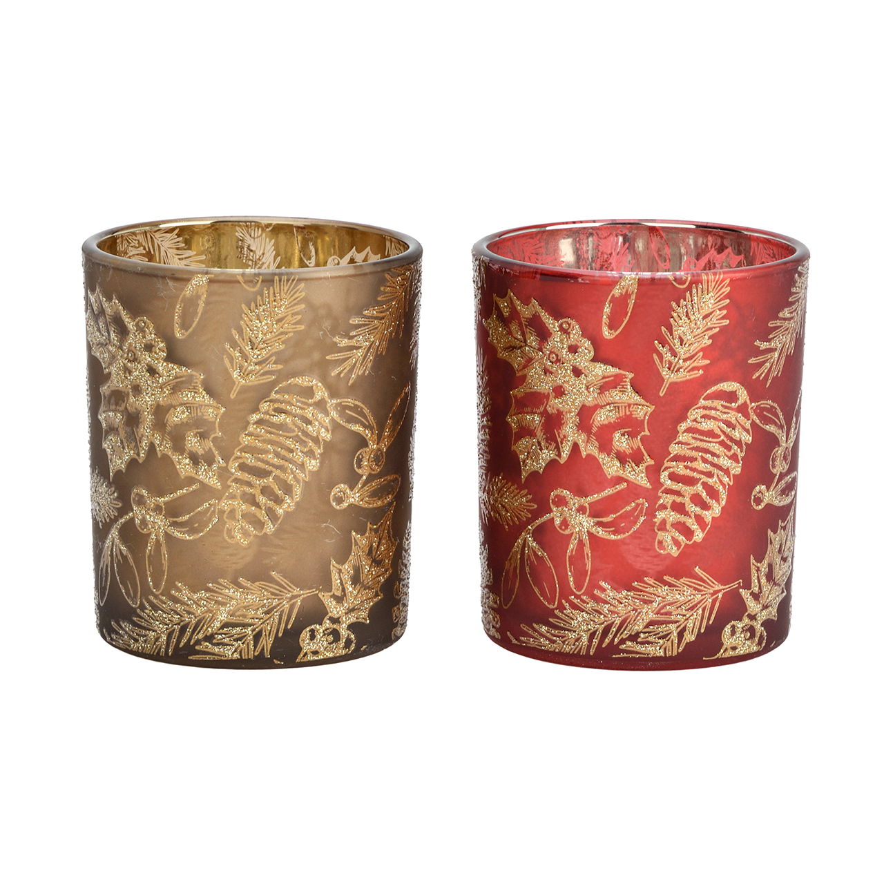 Windlicht Zapfen und Blätter aus Glas Rot/Braun 2-fach sortiert (B/H/T) 7x8x7cm Pokal, Manschette