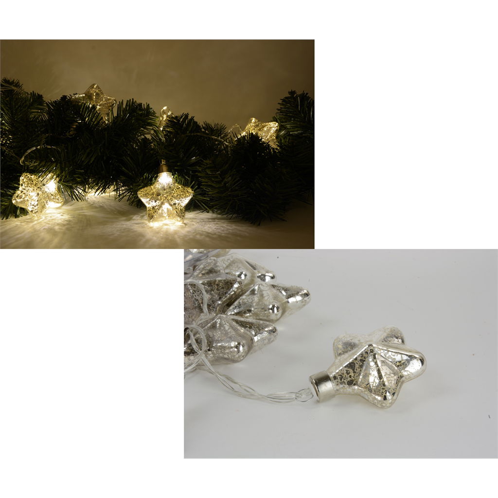 String of lights with 10 stars. (without batt.. 2x "AA"). 6/30 cm. 1 pc. silver Zubehor