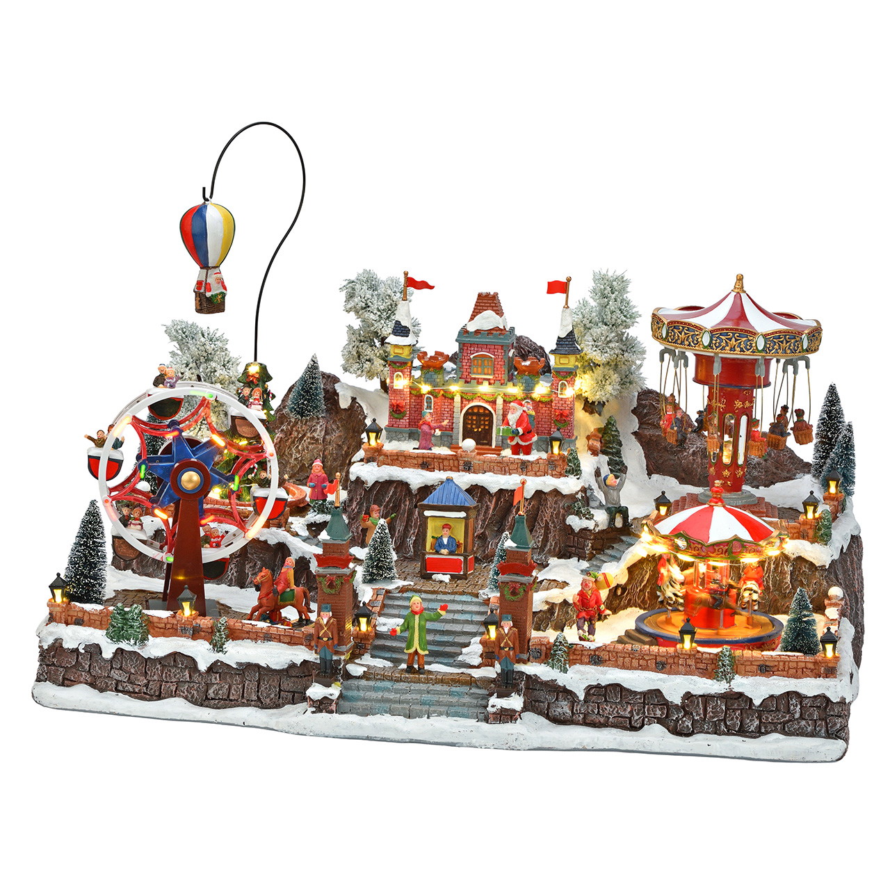 Weihnachtsjahrmarkt mit Riesenrad und Karussells aus Poly Weihnachtsdorf, Jahrmarkt, beleuchtet, Karussell, Winterlandschaft
