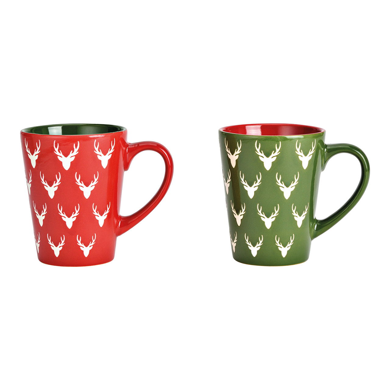 Tasse Hirschmotiv aus Steingut, Rot-Grün, 2-fach, 360 ml