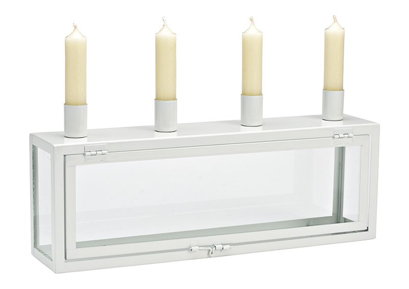 Corona d'Avvento, portacandele su scatola in metallo/vetro bianco (L/H/D) 38x17x8cm