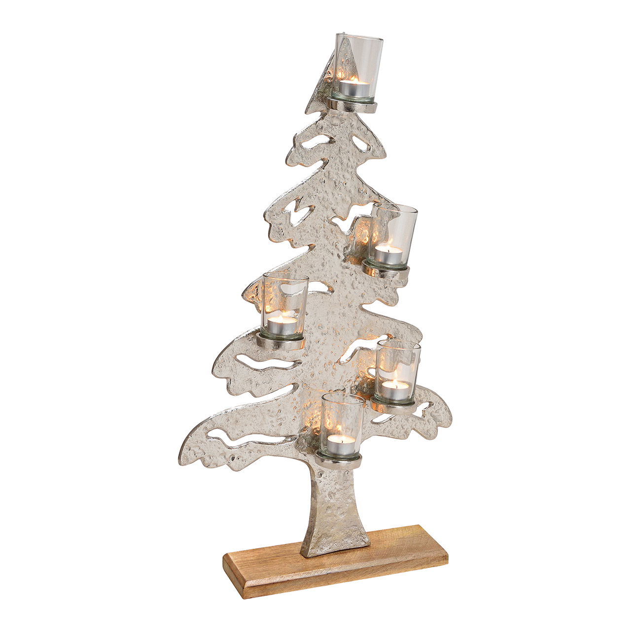 Tannenbaum mit 5 Glas Windlichter aus Metall Silber (B/H/T) 41x72x9cm