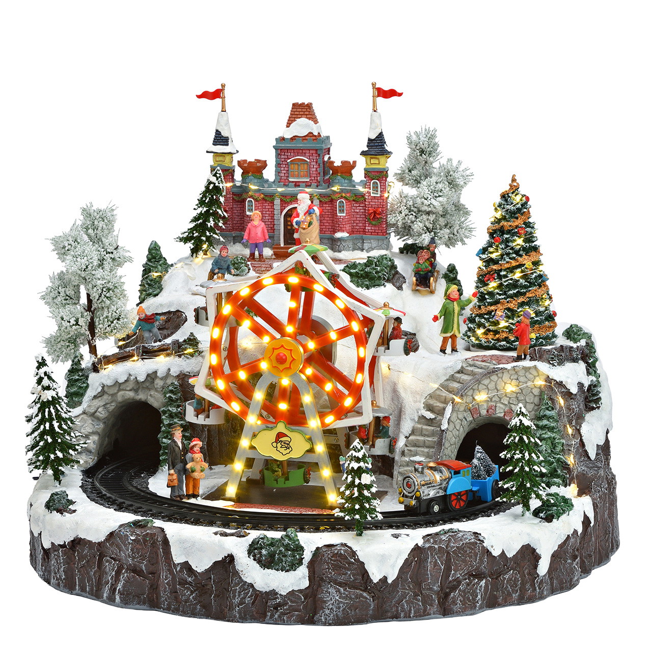 Weihnachtsdorf, Miniatur-Eisenbahn, beleuchtetes Riesenrad, verschneite Landschaft, Weihnachtsdekoration