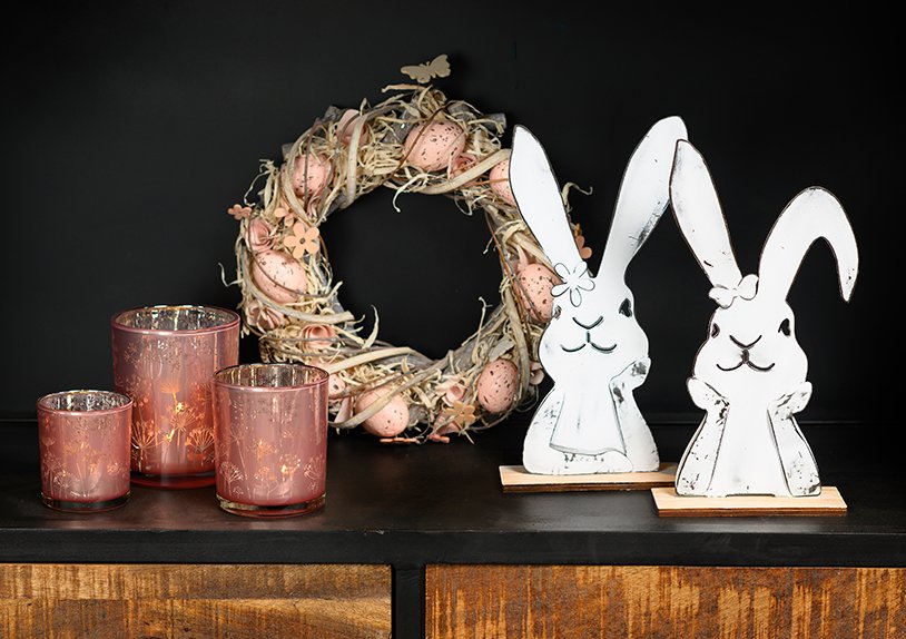 Bunny on wooden base, metal white 2-fold, (W/H/D) 14x28x5cm