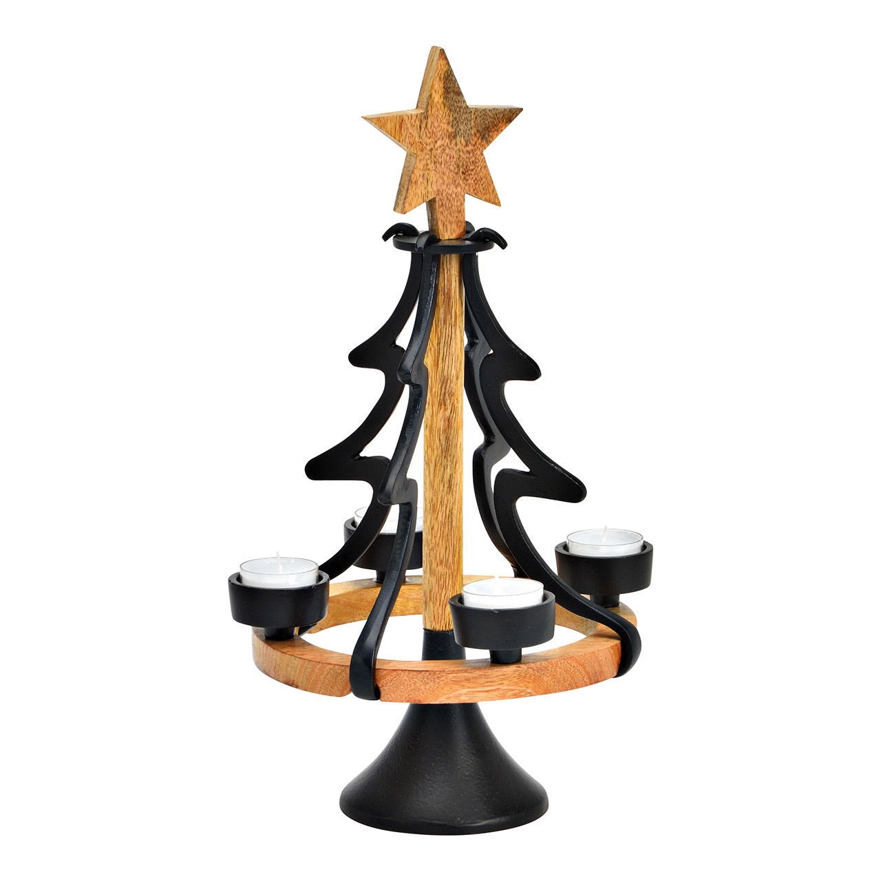 Decorazione dell'Avvento, albero di Natale per 4 luci da tè in metallo, legno di mango nero (L/H/D) 22x38x22cm