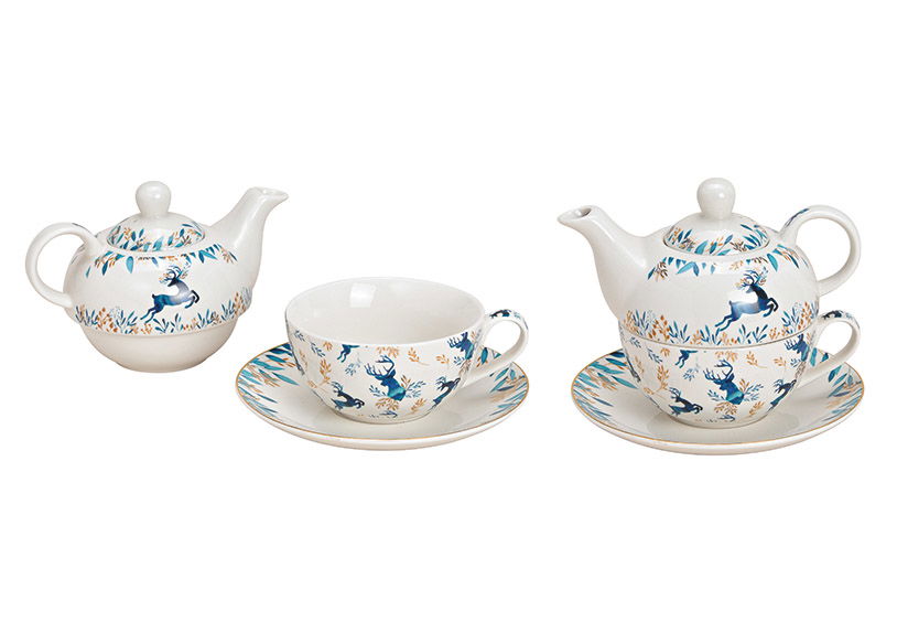 Set de théières décor cerf en porcelaine bleu, or 3pcs, (L/H/P) 17x14x17cm 400/300ml