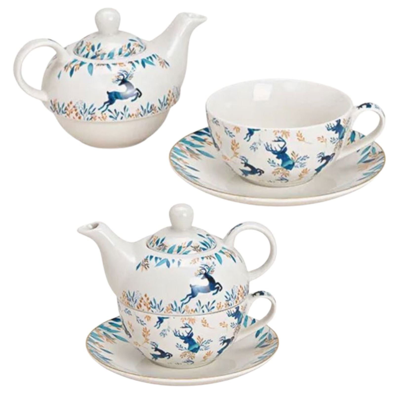 Théière décor cerf en porcelaine bleue, or, set de 3, (L/H/P) 17x14x17cm 400/250ml Töpferei, Kochgeschirr, Topf, Porzellan, Tasse