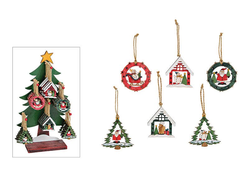 Weihnachtshänger Baum, Haus, Kugel (B/H/T) 7x7x0.5 cm auf Baumständer aus Holz Bunt 6-fach