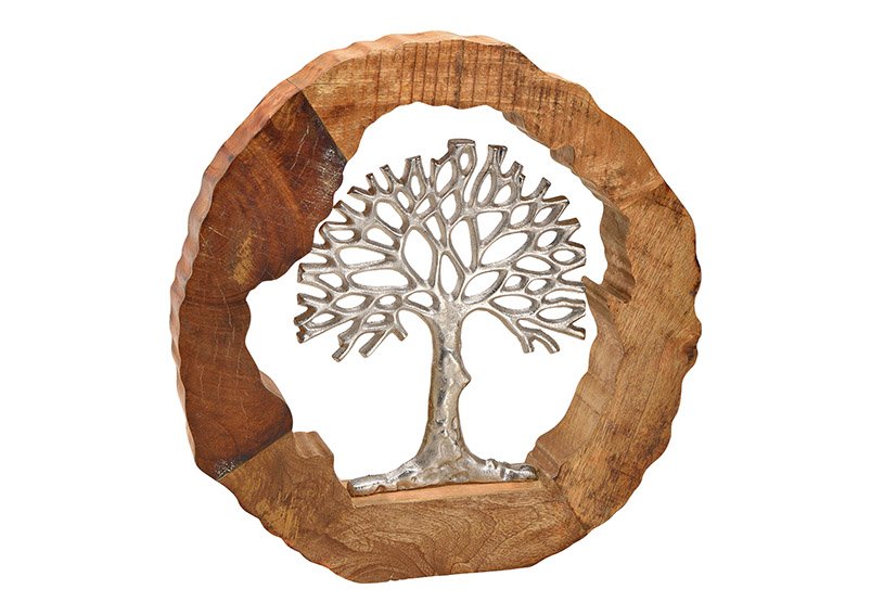 Aufsteller Baum aus Metall in Mangoholz Kreis Braun, Silber (B/H/T) 46x48x7cm