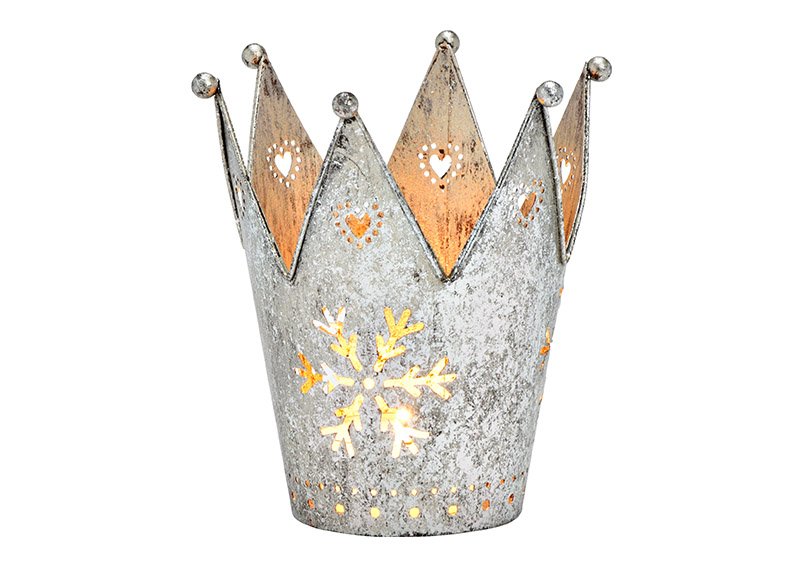 Photophore couronne, décor flocon de neige, en métal argenté (L/H/P) 10x10x10cm