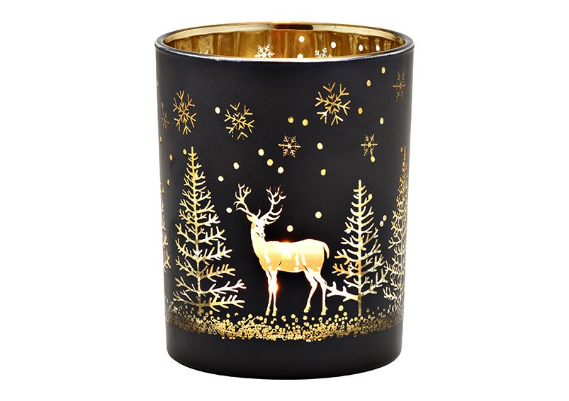 Lanterna decorazione foresta invernale di vetro nero, oro (w/h/d) 10x12x10cm