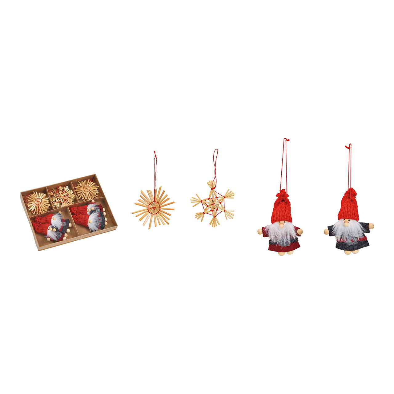 Weihnachtshänger Nikolaus 4 Stk. aus Textil (B/H/T) 6x8x2cm, Strohstern 12 Stk. Ø6cm, 16er-Set, Rot/Natur (B/H/T) 19x2x14cm