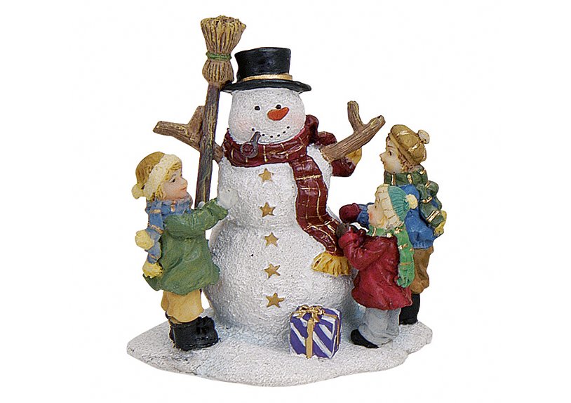 Figurines de Noël miniatures, enfants avec bonhomme de neige, en poly, assorties 2 fois, 6 cm