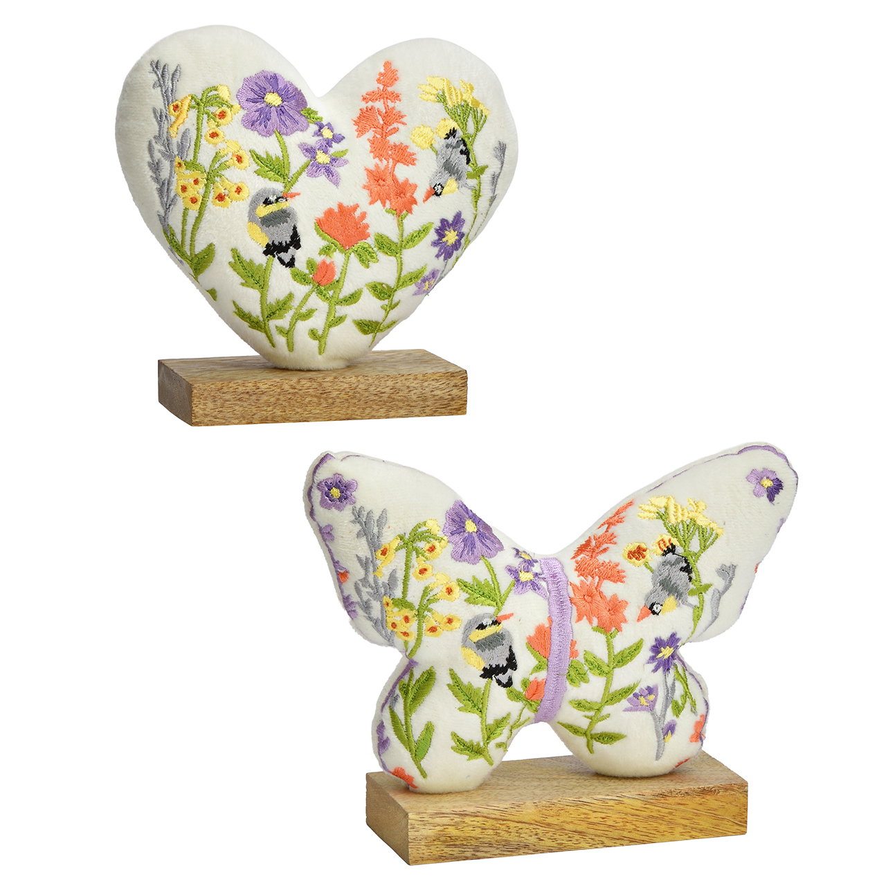 Herzform, Blumenstickerei, Kissenfigur, Holzunterlage, Biene