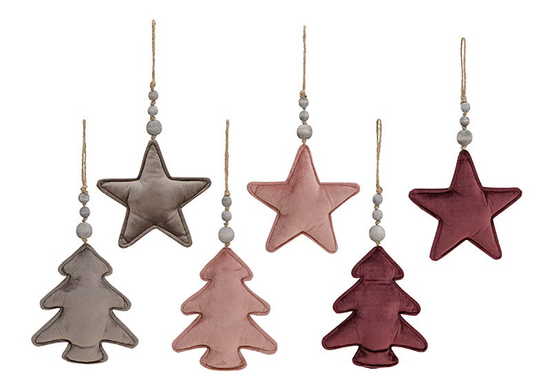 Christmas hanger, star, tree in three colors, oldrose, red, taupe, 6 asst. 18x18x5cm
