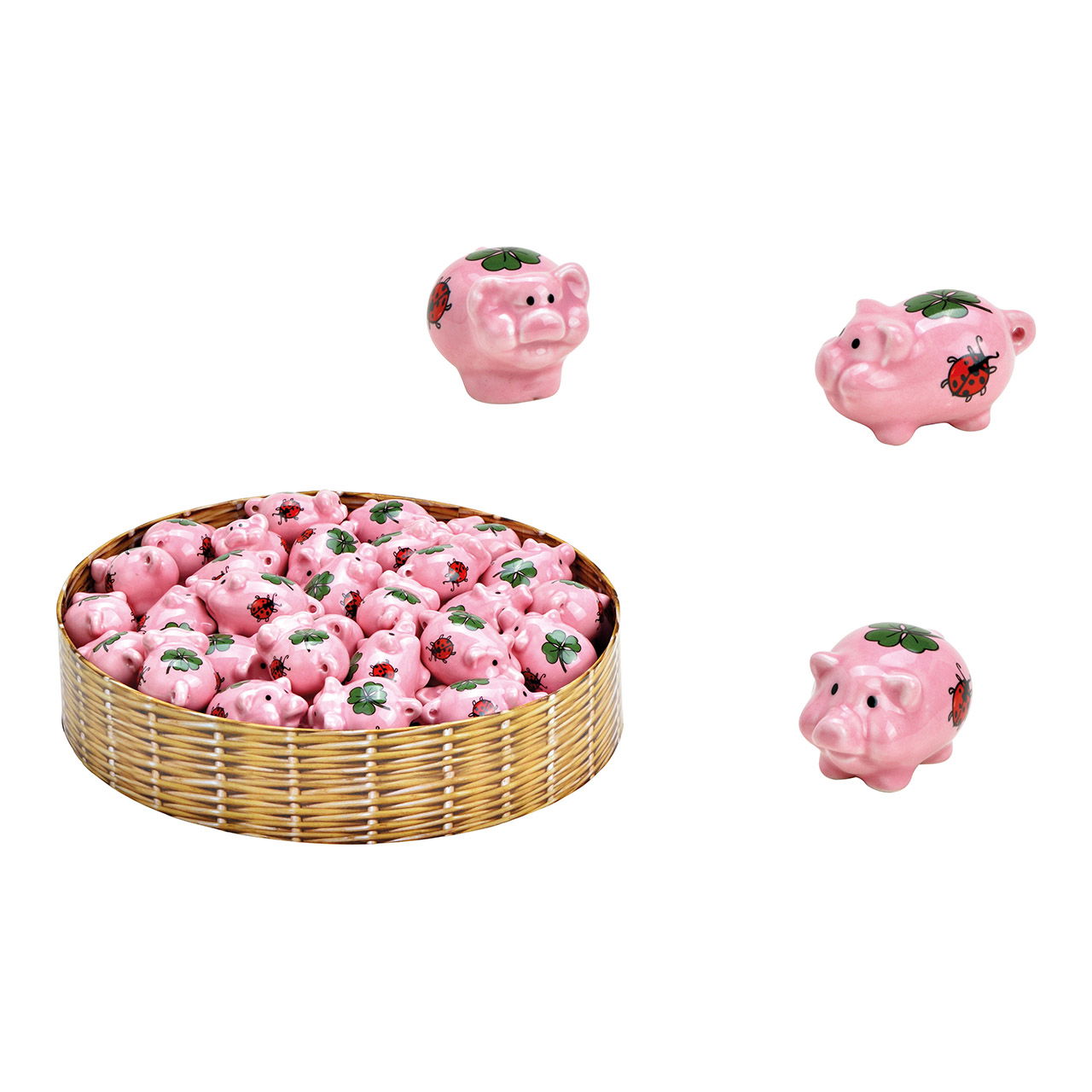 Mini cochon porte-bonheur en porcelaine 3 fois assorti. Rose/rose (L/H/P) 5x3x3cm Mini cochon porte-bonheur en porcelaine 3 fois assorti. Rose/rose (L/H/P) 5x3x3cm