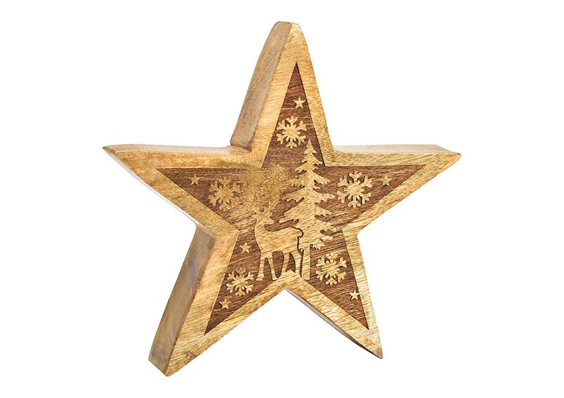 Estrella con decoración invernal de madera de mango natural (A/H/D) 20x20x4cm
