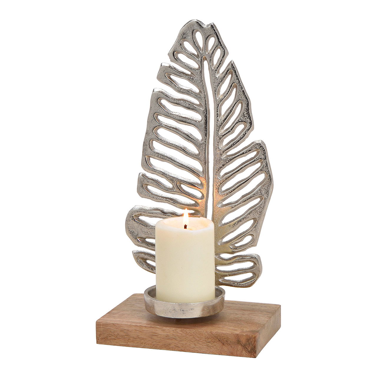 Tropical leaf candle holder made of metal on a silver mango wood base (W/H/D) 18x36x13cm