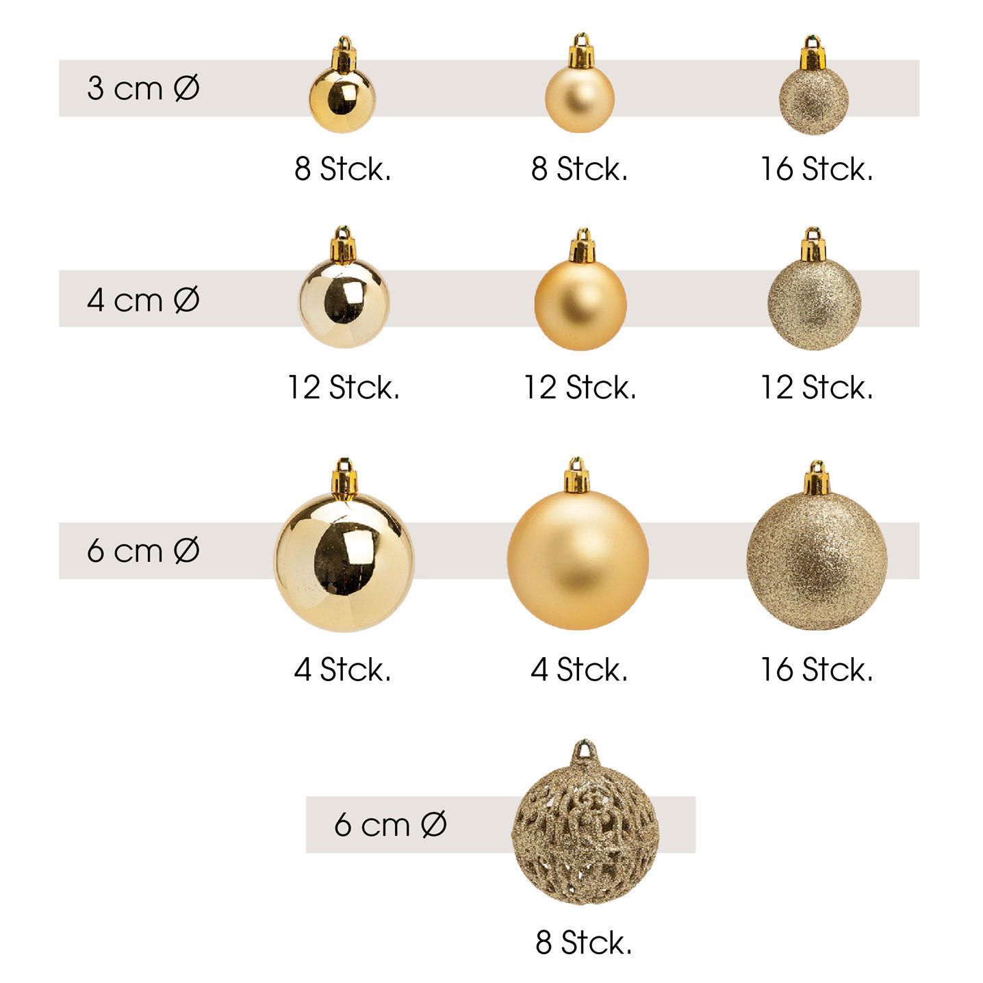 Weihnachtskugeln aus Kunststoff, 100er-Set, Gold Ø3/4/6cm (B/H/T) 23x35x12cm