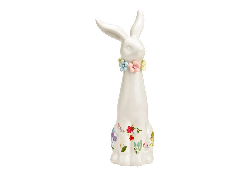 Conejo de porcelana blanca con decoración de flores de colores (A/A/P) 11x30x8cm