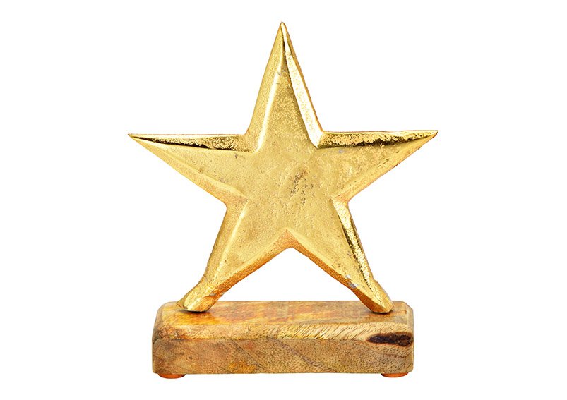 Estrella sobre base de madera de mango, metal, oro (A/H/D) 15x17x5cm
