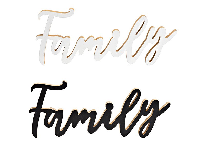Stand-up lettering, Family, made of wood white, black 2-fold, (W/H/D) 29x12x2cm